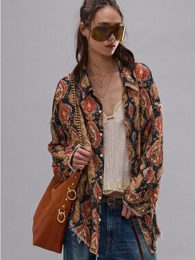 R13 Paisley Print Shredded Seam Drop Neck Shirt in Orange Dark Navy Navy Multi